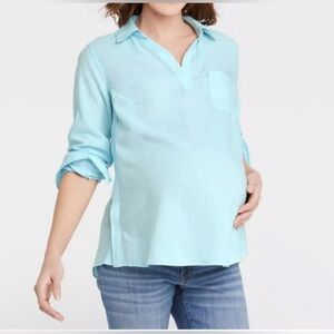MATERNITY sky blue linen blouse snaps on the side szM